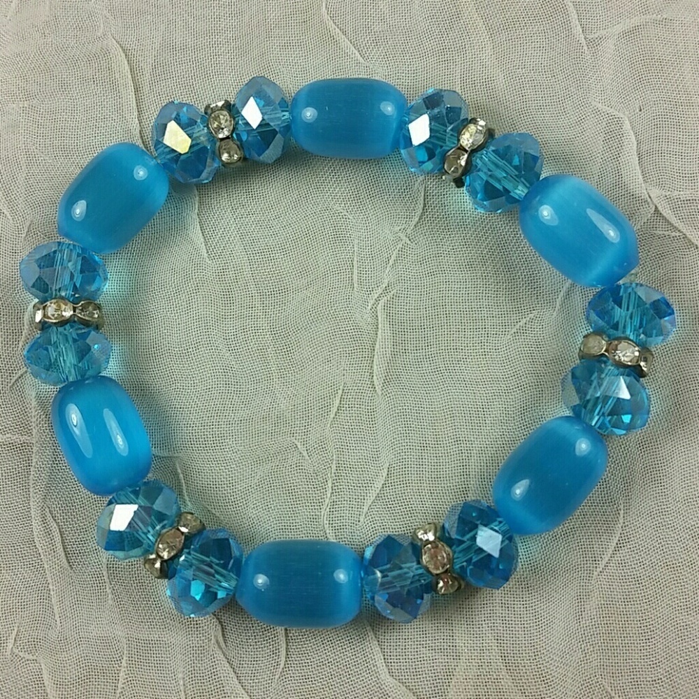 Blue Crystal Cat Eye Bead Bracelet Faceted Glass Sparkle Stretch Stackable